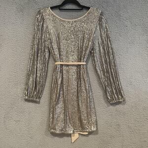 Gentle Fawn Dress Womens XS Silver Sequin Long Sleeve Mini Belted Party Glam